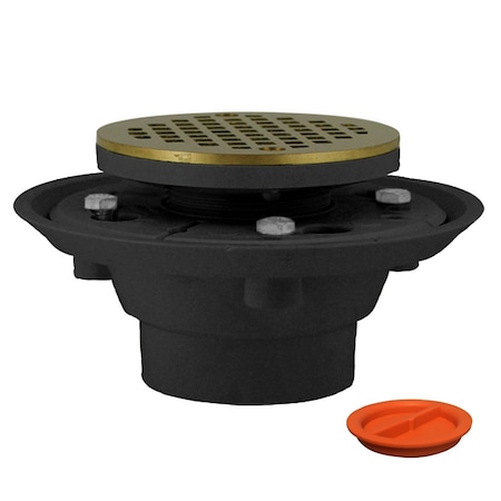 Jones Stephens 2inX3in PVC Shower Drain with 2in PVC Spud and 4in Round Nickel Bronze Cast Strainer with Test Plug D50130TP